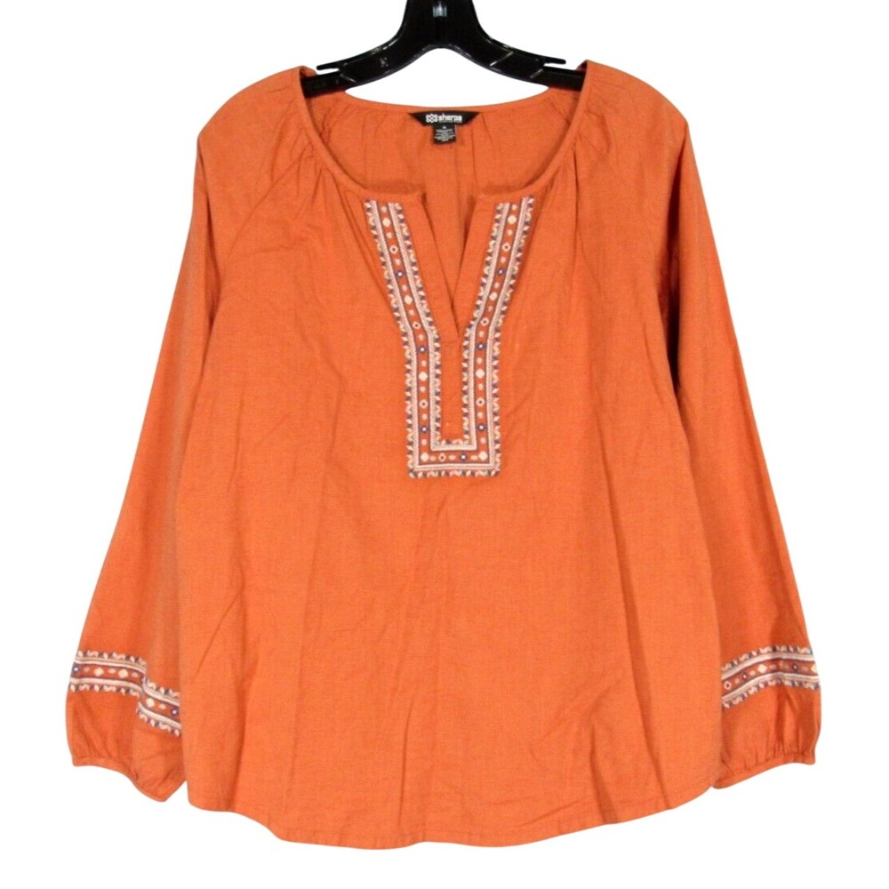SHERPA ADVENTURE GEAR Terracotta Rust PEASANT BOHO TOP BLOUSE Embroidered Trim M